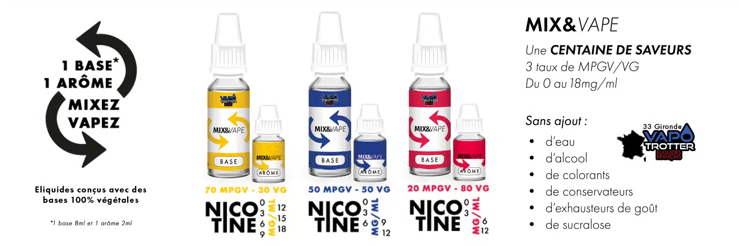 Boutique en ligne de e-liquides français. Eliquides français fabriqués dans notre laboratoire près de bordeaux. Nos eliquides français sont sans ajout d'eau, d'alcool, de colorant, de conservateurs, ni de Sucralose. VAPOTROTTER, fabricant de e-liquides depuis 2013. Nos E-liquides sont disponibles sous différents formats : Eliquides 10ml Eliquides 50ml ( VAPE SUB' et FIFTY VAPE pour les pros ) prêts à vaper mix&vape boosters CDB des laboratoires Stilla résistances, coils (eleaf, vaporesso, voopoo, kangertech..) Retrouvez sur notre site des eliquides saveur et goût tabac ( ry4, mro, cml,..), des eliquides fruités ( fraise, framboise, pomme, citron ). Mais aussi des eliquides saveurs et goûts frais (eliquide eucalyptus, eliquide chlorophylle, eliquide menthe extrême, eliquide ultra frais), des e-liquides gourmands (eliquide biscuit, eliquide cookies, eliquide tarte citron, eliquide popcorn, eliquide vanille,eliquide caramel,...), et des eliquides sucrés ( bonbons, eliquide Fraise Tagada, eliquide dragibus, eliquide chewing-gum,...). Taux de Nicotine disponibles pour nos eliquides : 0mg/ml 3mg/ml 6mg/ml 9mg/ml 12mg/ml 15mg/ml 18mg/ml Taux de MPGV/VG ( Mono propylène glycol végétal / Glycérine Végétale ) : 70PG/30VG 50PG/50VG 20PG/80VG Toutes les marques de e-liquides français fabriqués par le laboratoire Vapotrotter, sont sans ajout : d'eau d'alcool de conservateurs de colorants de sucralose d'exhausteurs de goût Mis à part la gamme CBD by stilla, tous les eliquides vendus sur ce site sont uniquement produits par le laboratoire VAPOTROTTER situé près de Bordeaux. CHEZ VAPOTROTTER, IL Y EN A POUR TOUT LE MONDE  : Des recettes fruitées, des parfums mentholés, et même des parfums fruités ET mentholés (pensez à goûter notre fresh melon par exemple ou encore le Freddy) Mais aussi les classiques e-liquide Fraise, e-liquide cerise, e-liquide menthe fraiche, e-liquide chlorophylle, e-liquide citron, e-liquide mangue, e-liquide melon, etc Des saveurs gourmandes, comme le Tarte Citron, le Pop Papers ou encore le Flamby ! De la vanille, du biscuit, ou encore du popcorn, les gourmands seront servis, les calories en moins ! Les arômes bonbons sont aussi à l’honneur avec le Fraise Tagada, le Bonbon Banane ou encore le Dragifollies Une large gamme de saveurs TABACS (environ une quinzaine) On le dit et on le répète, nos eliquides sont sans ajout de sucralose, d’alcool, de conservateurs ou encore de colorants. Toutes les bases utilisées dans la conception de nos liquides sont d’origines végétales et notre nicotine provient de Suisse. saveurs eliquides, cigarettes électroniques, vapoteurs, vape, je suis vapoteur, vapote e-liquide 10ml, 0mg/ml nicotine 3mg/ml ratio pg/vg glycérine végétale