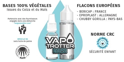 DESCRIPTIFS ELIQUIDES EJUICE FRANÇAIS VAPOTROTTER VAPE NICOTINE PARFUMS TABACS FRUITÉS GOURMANDS MPGV:VG mono propylène glycol végétal glycérine végétale - mobile