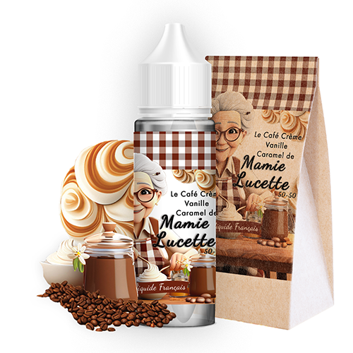 ELIQUIDE MAMIE LUCETTE SAVEUR CAFE CREME VANILLE CARAMEL ELIQUIDE GOURMAND FRANCAIS VAPOTROTTER VAPE VAPOTEUR