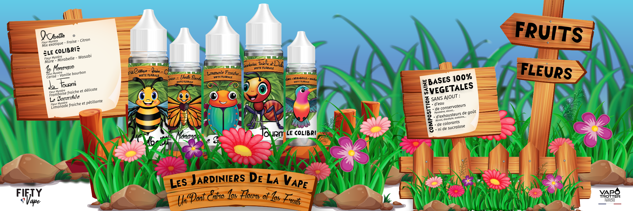bandeau web eliquides fleurs fruits vapotrotter fifty vape 50pg 50vg sans nicotine
