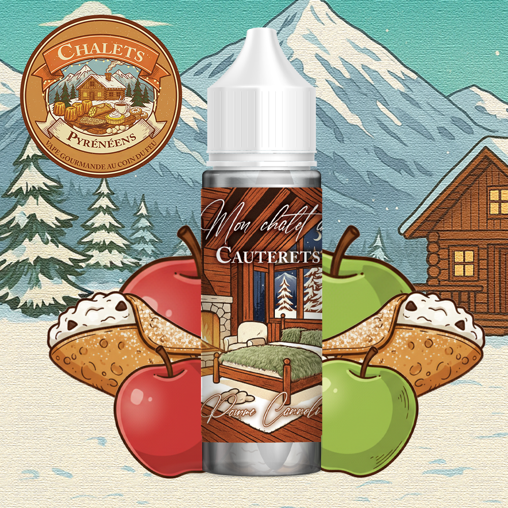 ELIQUIDE GOURMAND CHALET PYRENEEN CAUTERETS ELIQUIDE SAVEUR GOUT AROME CANNOLI POMME GOURMANDE VAPOTROTTER FIFTY VAPE 50ML 50PG 50VG